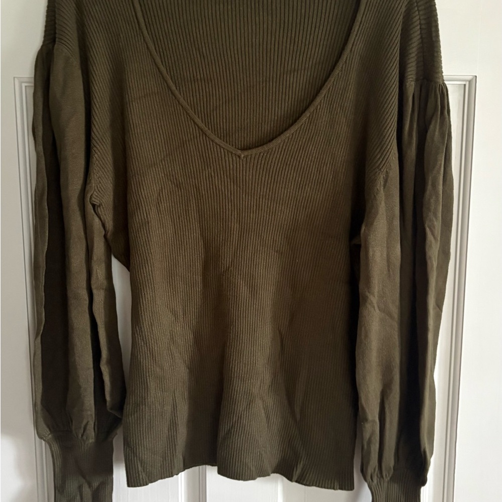 VENUS Olive Ribbed Knit puff sleeve sweater